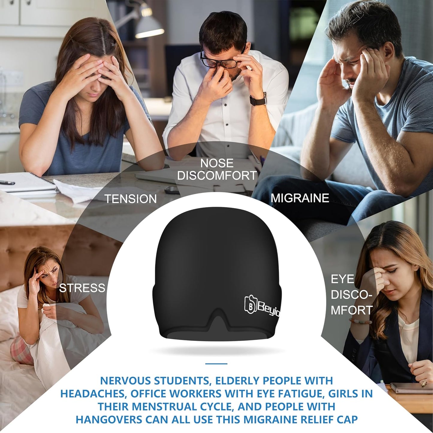 Migraine Relief Cap, All around Gel Covered Reusable Headache Relief Cap, Black Migraine Cap for Headache Relief, Puffy Eyes