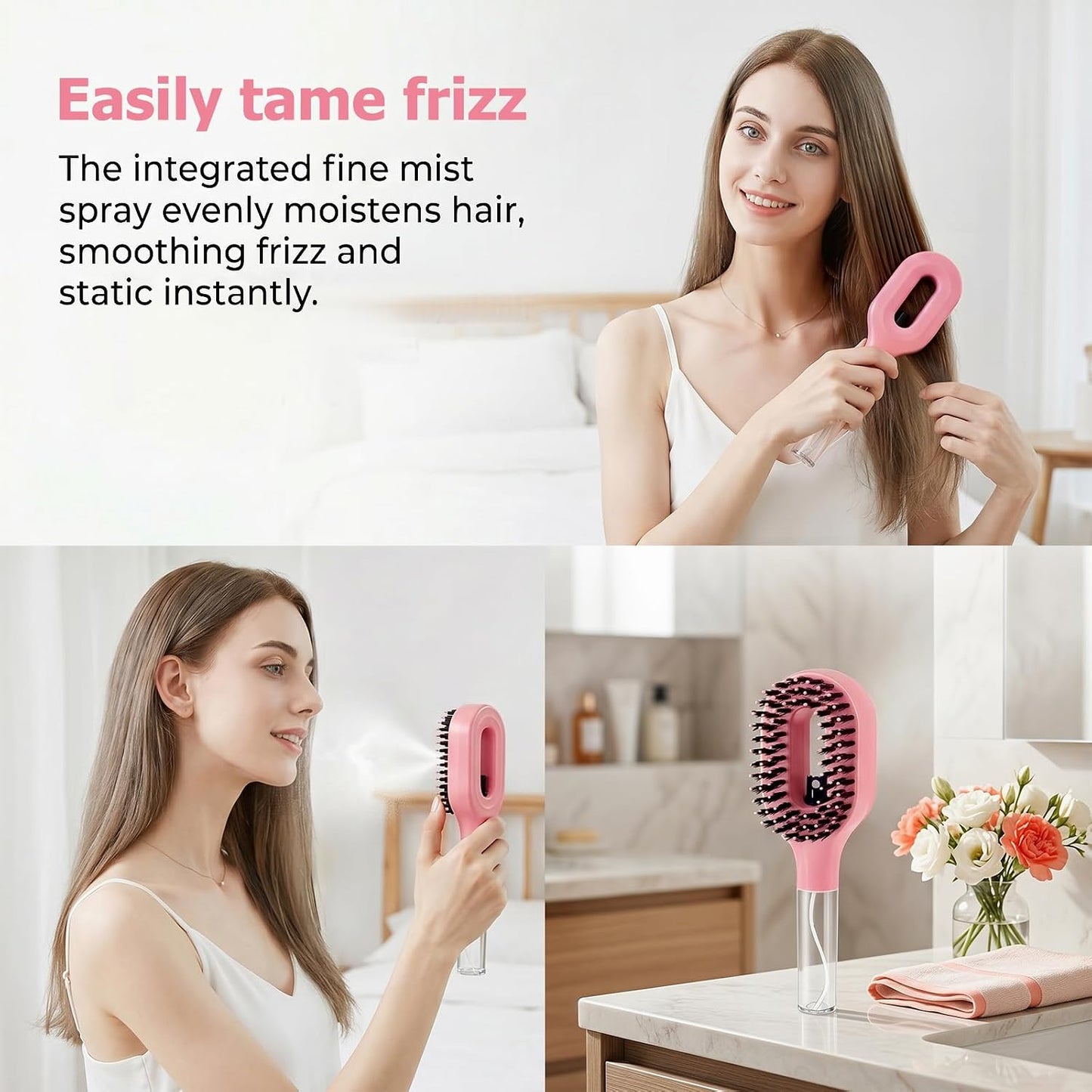 2 in 1 Water Spray Hair Brush for Wet & Dry Hair, Portable Detangling Brush with Mister for Women & Kids, Anti-Frizz Travel Hair Brush with Water Bottle