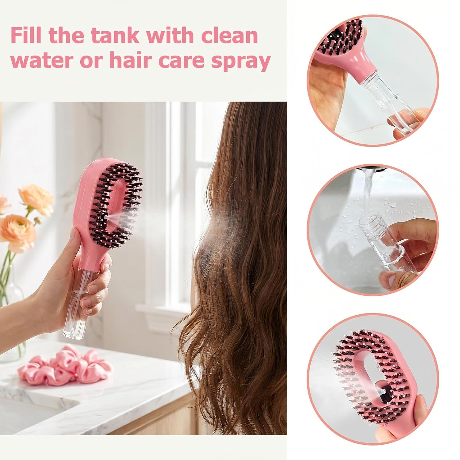 2 in 1 Water Spray Hair Brush for Wet & Dry Hair, Portable Detangling Brush with Mister for Women & Kids, Anti-Frizz Travel Hair Brush with Water Bottle