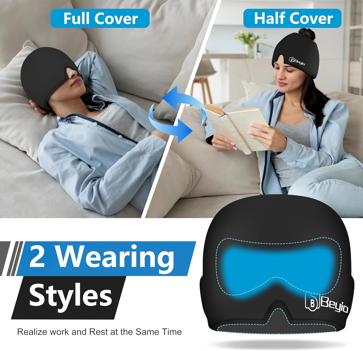 Migraine Relief Cap, All around Gel Covered Reusable Headache Relief Cap, Black Migraine Cap for Headache Relief, Puffy Eyes
