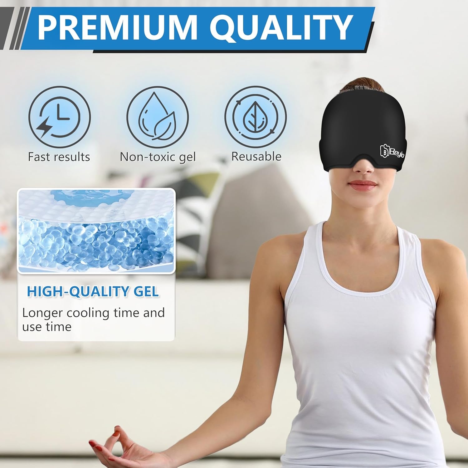 Migraine Relief Cap, All around Gel Covered Reusable Headache Relief Cap, Black Migraine Cap for Headache Relief, Puffy Eyes